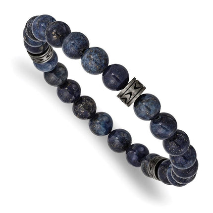 Stainless Steel Antiqued White Bronze-plated Lapis Beaded Stretch Bracelet ,