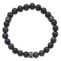 Stainless Steel Antiqued White Bronze-plated Lapis Beaded Stretch Bracelet ,