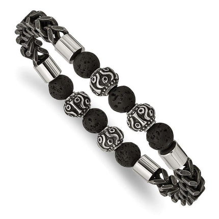 Stainless Steel Antiqued/Polished Black IP Chain Lava Stone Stretch Bracel ,