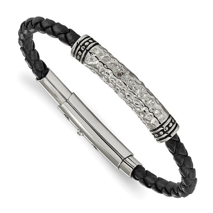 Stainless Steel Antiqued/Polished Hammered Leather Adj. 7.5in to 8in Bracel ,