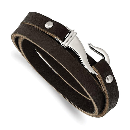 Stainless Steel Black and Brown Leather Wrap Bracelet ,