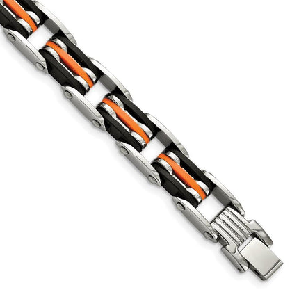 Stainless Steel Black & Orange Rubber 8.5in Bracelet ,