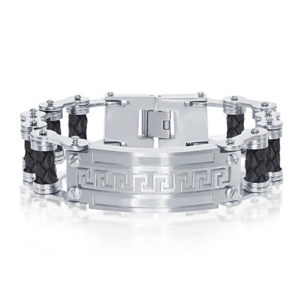 Stainless Steel Black Braided Leather Greek Bar Wide Bracelet ,