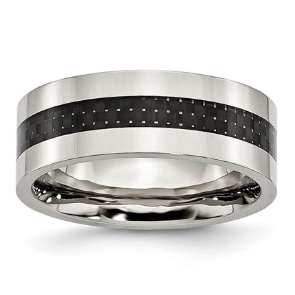 Stainless Steel Black Carbon Fiber Inlay Flat 8mm Polished Band ,