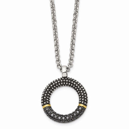 Stainless Steel Black CZ with Yellow IP-plated Antiqued Circle Necklace ,