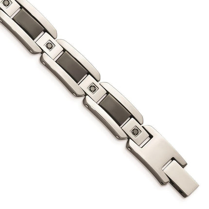 Stainless Steel Black Enamel & Black Diamonds 8.75in Bracelet ,