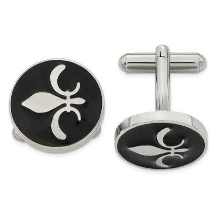 Stainless Steel Black Enamel with Fleur de lis Cufflinks ,