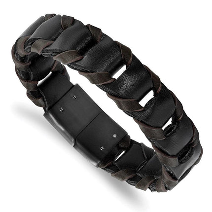 Stainless Steel Black IP-plated Black and Brown Leather 8.25in Bracelet ,
