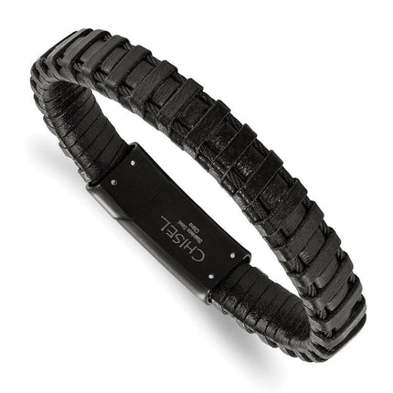 Stainless Steel Black IP-plated Cable and Black Leather Bracelet ,