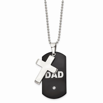 Stainless Steel Black IP-plated Dog Tag with CZ Cross Necklace ,