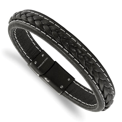 Stainless Steel Black IP-plated Genuine Black Leather 8.25in Bracelet ,