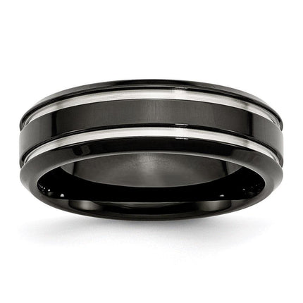 Stainless Steel Black IP-plated Grooved and Polished 7mm Band ,