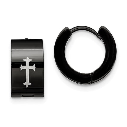 Stainless Steel Black IP-plated Round Hinged Hoop w/ Cross Earrings ,