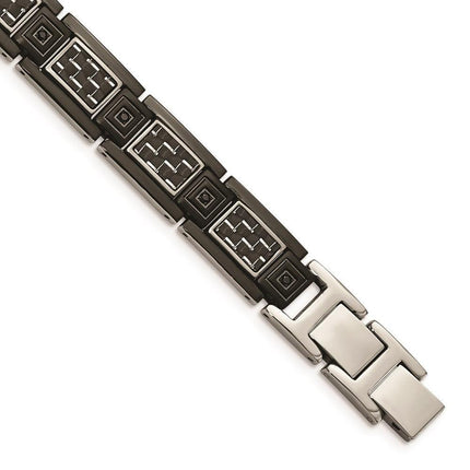 Stainless Steel Black IP-plated w/ Black Carbon Fiber Inlay & CZ Bracelet ,
