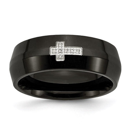 Stainless Steel Black IP-plated w/Diamond Cross Ring ,