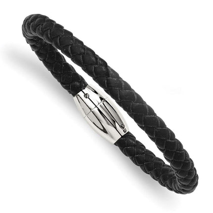 Stainless Steel Black Leather 8.5in Bracelet ,