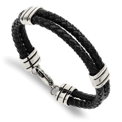 Stainless Steel Black Leather 9in Bracelet ,