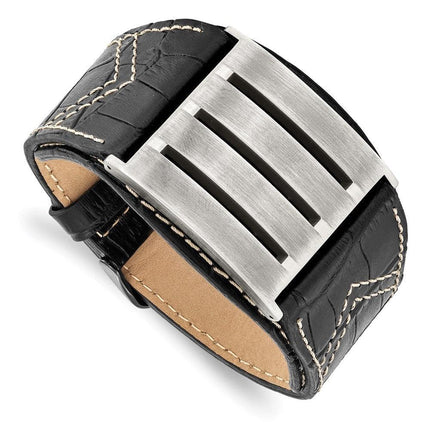 Stainless Steel Black Leather Adjustable Buckle Bracelet ,