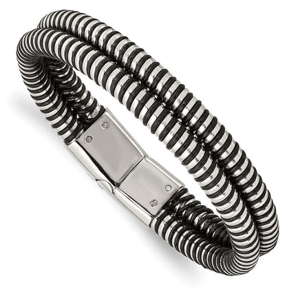 Stainless Steel Black Leather & Polished 8.5in Bracelet ,