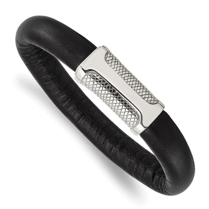 Stainless Steel Black Leather & Textured 8.5in Bracelet ,