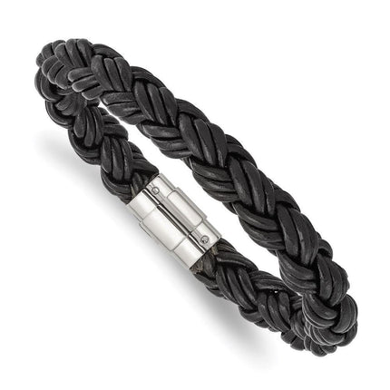 Stainless Steel Black Leather Bracelet ,