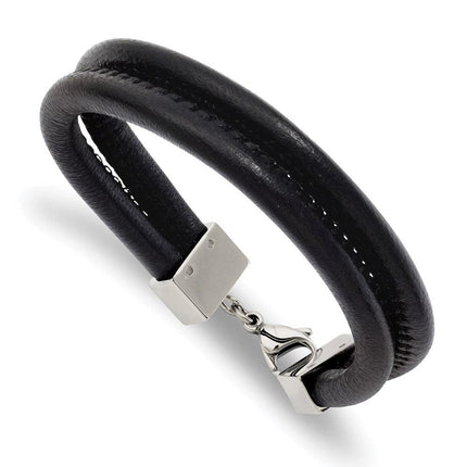 Stainless Steel Black Leather Double Row 8.5in Bracelet ,