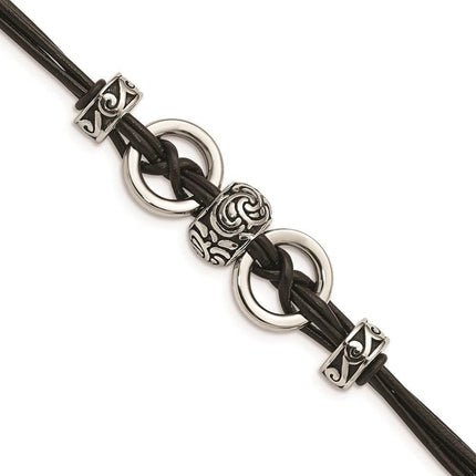 Stainless Steel Black Leather w/Antiqued Beads 8.25in w/ext Bracelet ,