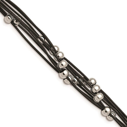 Stainless Steel Black Leather w/Beads 8in Bracelet ,