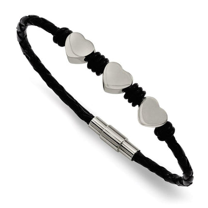 Stainless Steel Black Leather w/Polished Hearts 7.5in Bracelet ,