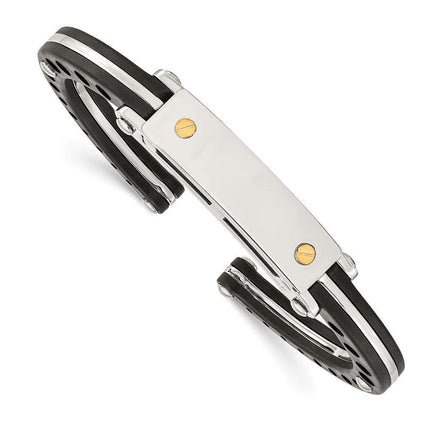 Stainless Steel Black PVC 18k Gold Accent Hinged Bangle ,
