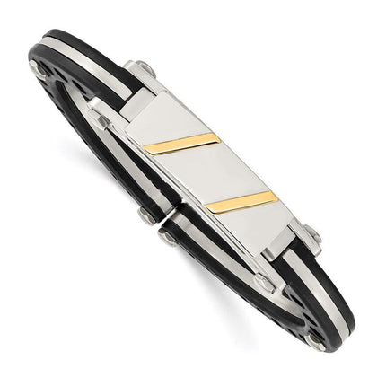 Stainless Steel Black PVC & 14k Yellow Inlay Hinged Bangle ,