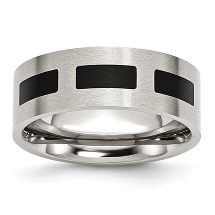 Stainless Steel Black Rubber Flat 8mm Brushed Band ,