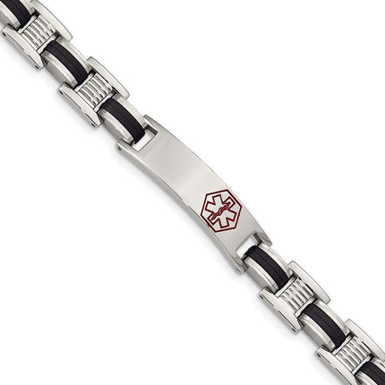 Stainless Steel Black Rubber Red Enamel 8in Medical Bracelet ,