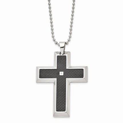 Stainless Steel Blk Carbon Fiber Inlay .01ct. Diamond Accent Cross Necklace ,