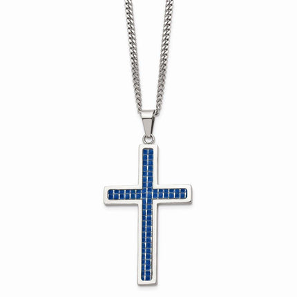 Stainless Steel Blue Carbon Fiber Inlay Polished Large Cross Necklace ,