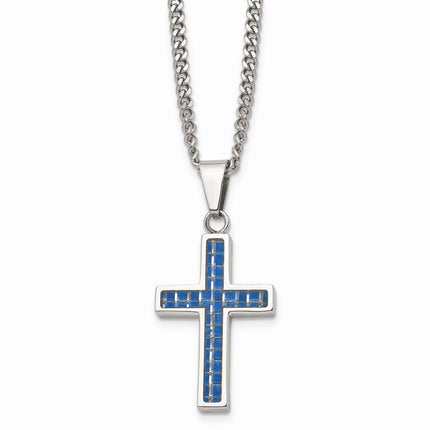 Stainless Steel Blue Carbon Fiber Inlay Polished Small Cross Necklace ,