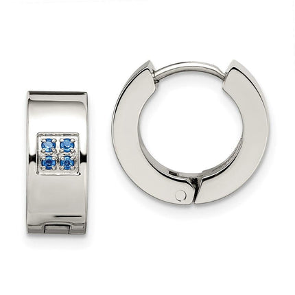 Stainless Steel Blue CZ Brushed & Polished Hinged Hoop Earrings ,