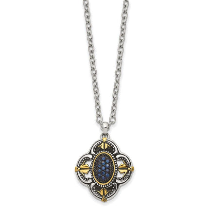 Stainless Steel Blue Glass with Yellow IP-plated Accent Necklace ,