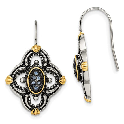 Stainless Steel Blue Glass Yellow IP-plated Accent Antiqued Earrings ,