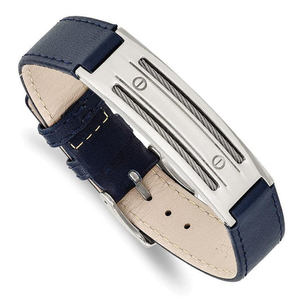 Stainless Steel Blue Leather w/Wire Adjustable Buckle Bracelet ,