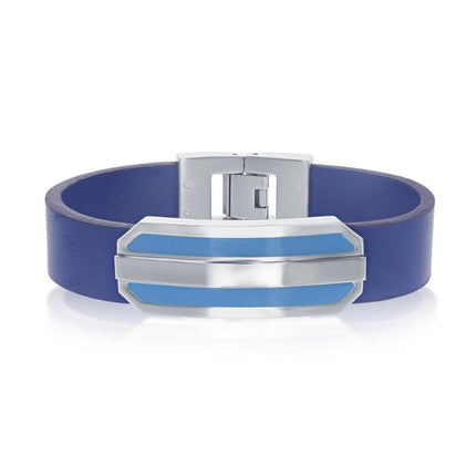 Stainless Steel Blue Strap with Center Lined Bar Bracelet ,