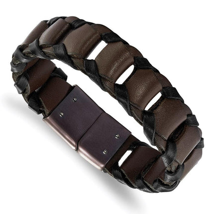 Stainless Steel Brown IP-plated Black and Brown Leather 8.25in Bracelet ,
