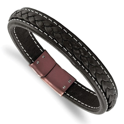 Stainless Steel Brown IP-plated Genuine Leather 8.25in Bracelet ,
