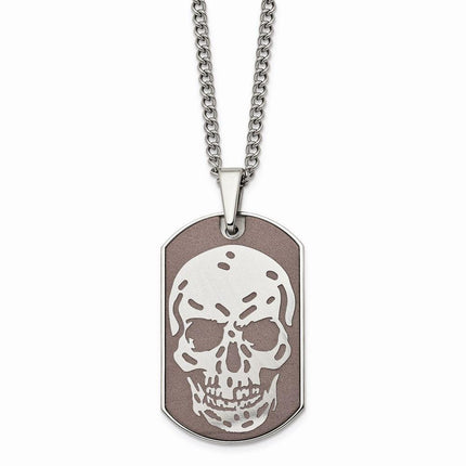 Stainless Steel Brown IP-plated Skull Dog Tag 24in Necklace ,