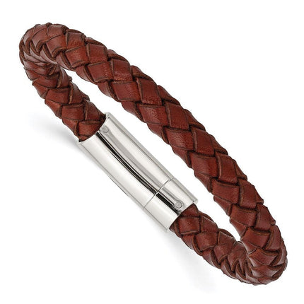 Stainless Steel Brown Leather 8.5in Bracelet ,