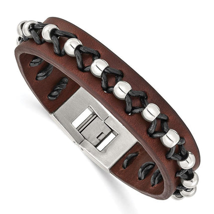 Stainless Steel Brown Leather with Polished Beads Bracelet ,