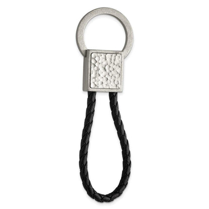 Stainless Steel Brushed and Hammered Black Leather Key Ring ,