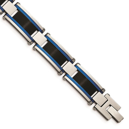 Stainless Steel Brushed and Polished Black & Blue IP-plated 8.75in Bracelet ,