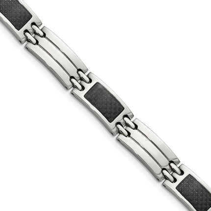 Stainless Steel Brushed & Polished Black Carbon Fiber Inlay 8.5in Bracelet ,