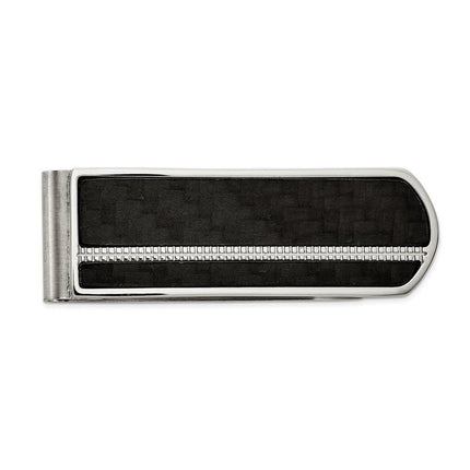 Stainless Steel Brushed and Polished Black Carbon Fiber Inlay Money Clip ,